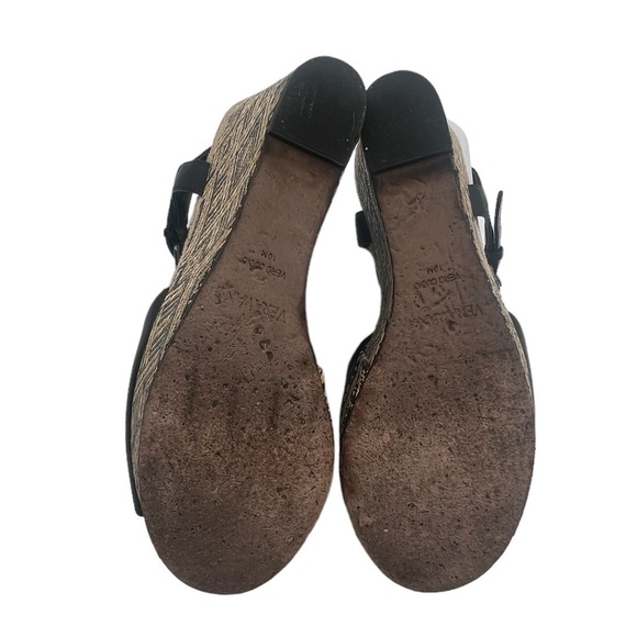 Vera Wang Black Leather Geometric Print Wedge Platform Sandals Size 10 Women’s - Picture 8 of 12